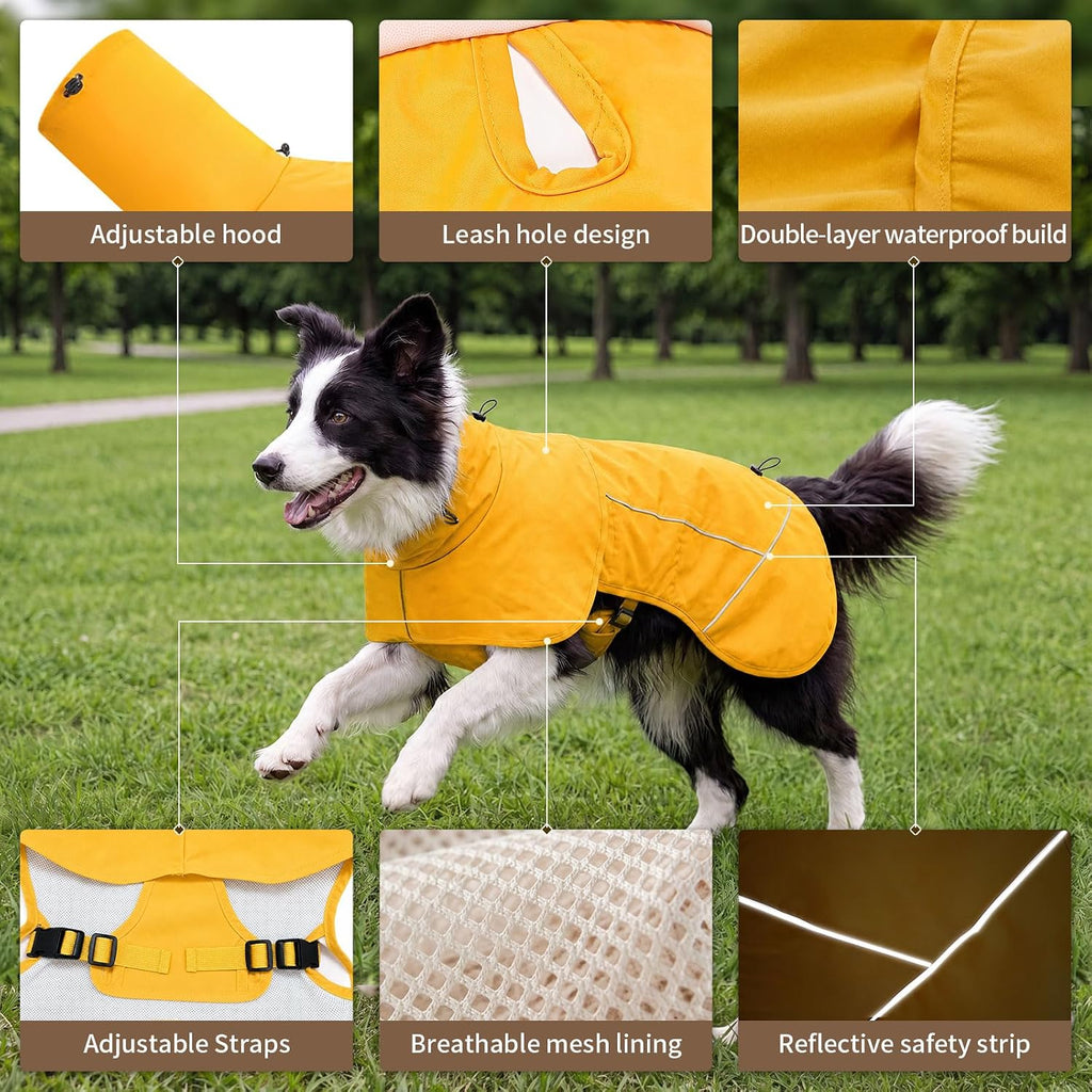 Dog Raincoat Full Body Coverage Waterproof Windproof Hooded Jacket | Full Body & Belly Coverage, Hidden Leash Hole, Reflective Strips, Belly Snap Buttons