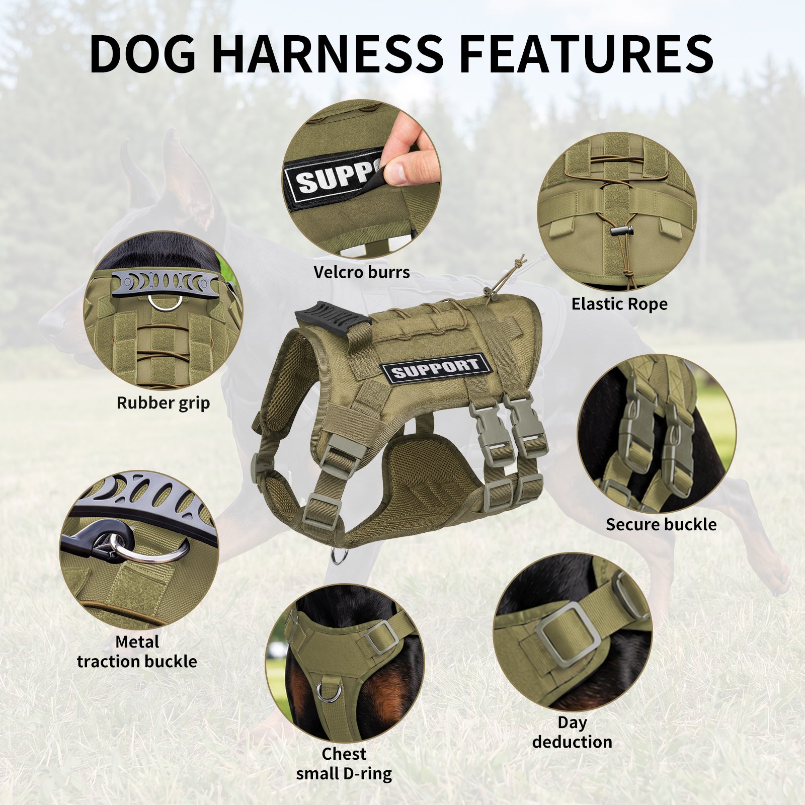 Tactical Dog Harness for Medium Dogs, Heavy Duty No Pull Dog Harness with Handle, Adjustable 6-Buckle Pet Vest for Pitbull, Border Collie, Boxer, Walking, Training, Hunting