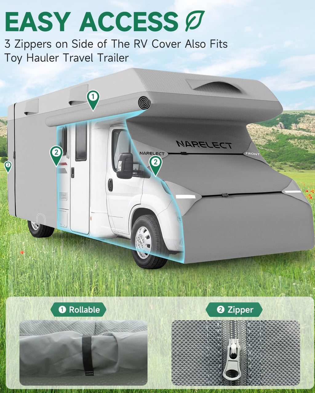 Motorhome Cover 25-27ft: 7.5-8 m Waterproof Caravan Cover | 7-Ply Breathable, Leightweight UV-Resistant Caravan Cover for RVs Motorhomes & Campervans | with Adjustable Straps